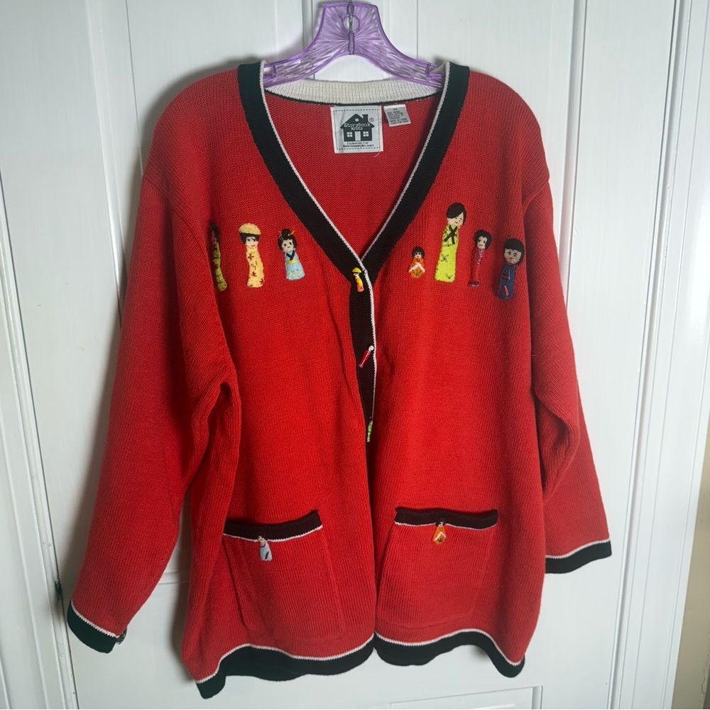 Storybook Knits Red Cardigan Sweater Asian Dolls Deadstock Size 3X.